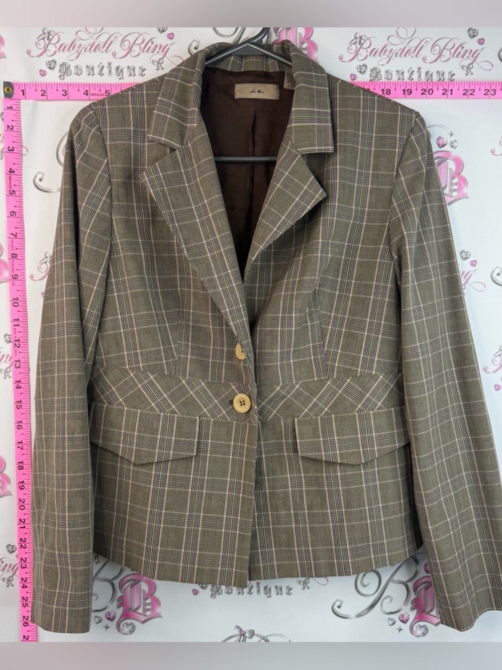 I.e. blazer buttons y2k green Brown Plaid Tailored Blazer Jacket